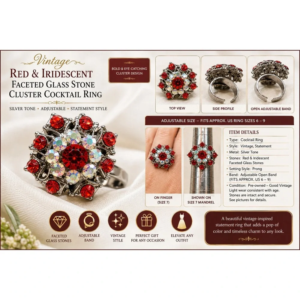 Vintage Red Iridescent Glass Stone Cluster Cocktail Ring Silver Tone Adjustable